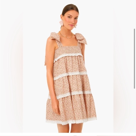 Hyacinth House Tuckernuck NEW Pink Floral Bow Tellie Tiered Lace Mini Dress  S - Picture 2 of 15